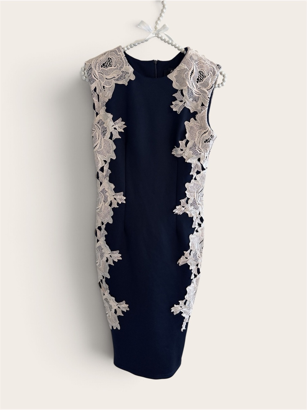 Sleeveless Navy Sheath Dress with Cream Lace Appliqué